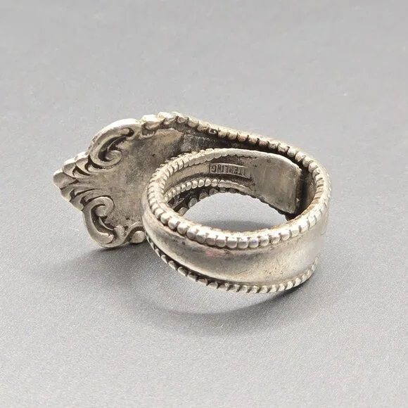 Antique 1908 Sterling Silver Spoon Ring Size 6 Floral 13.02g Flatware Jewelry - Picture 3 of 11